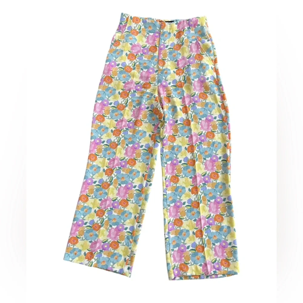 ZARA Floral Print Wide Leg High Waisted Flowy Pants Yellow Blue Green Size XL
